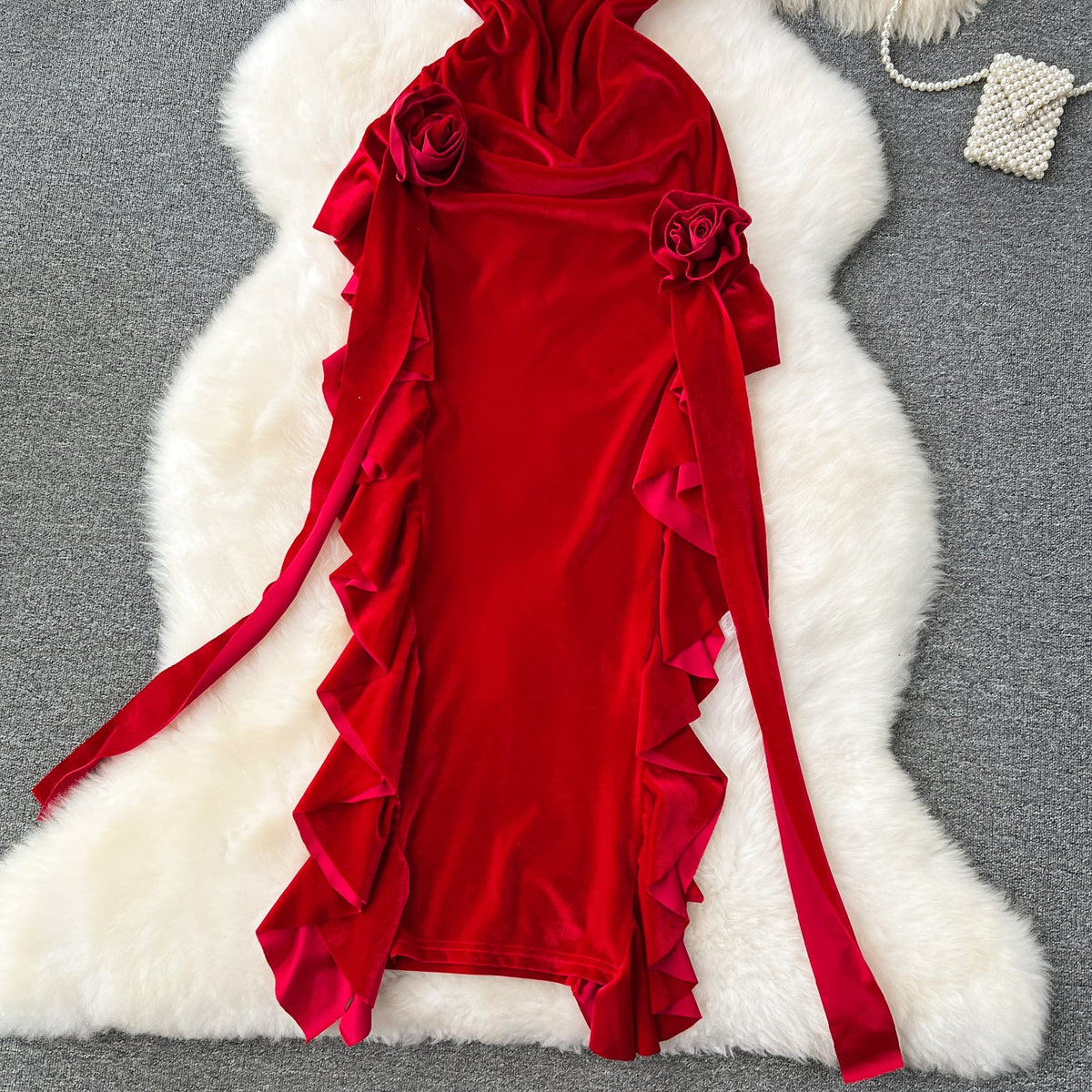 Vintage Red Velvet Ruffled Slip Dress
