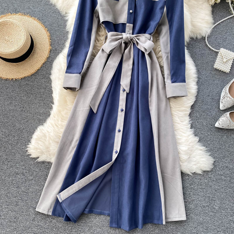 Lapel Patchwork Lace-up Coat Dress