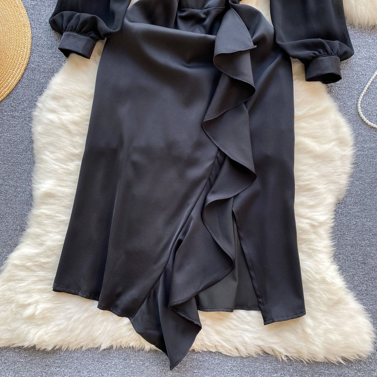 Suit Collar Ruffled Black Dress