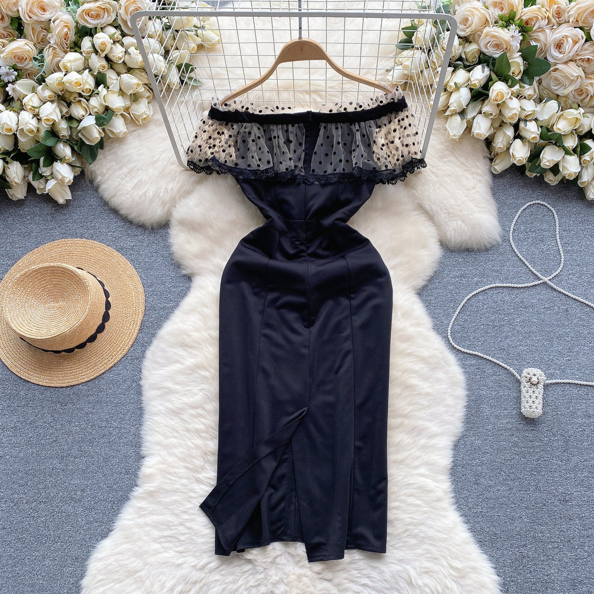 Off-shoulder Polka Dot Mesh Dress
