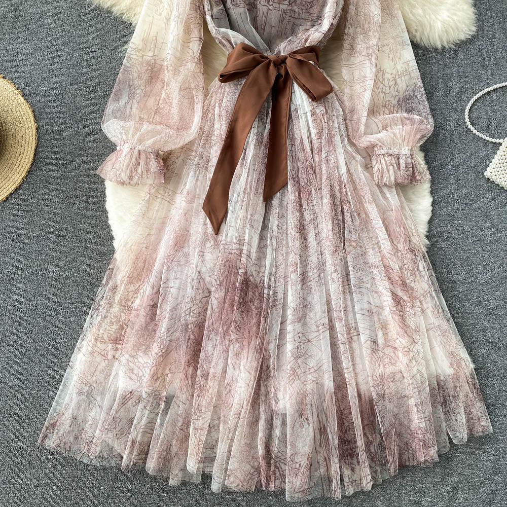 French Style Floral Printed Mesh Dress