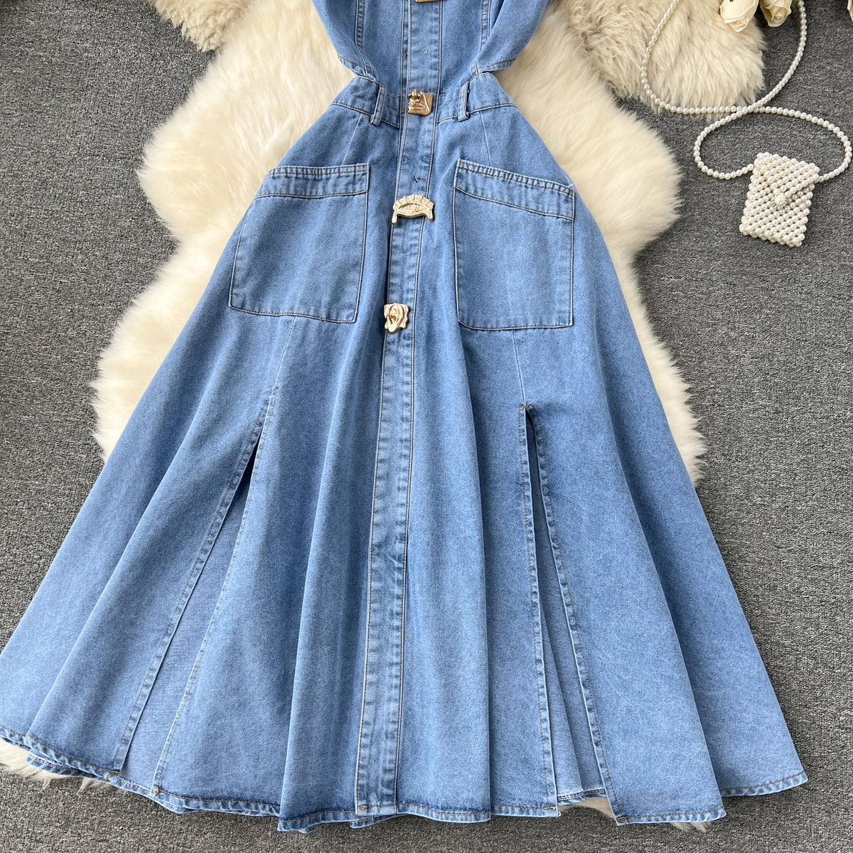 Navy Collar Sleeveless Hollowed Denim Dress