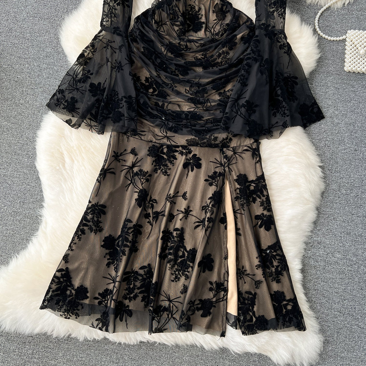 See-through Embroidered Black Mesh Dress