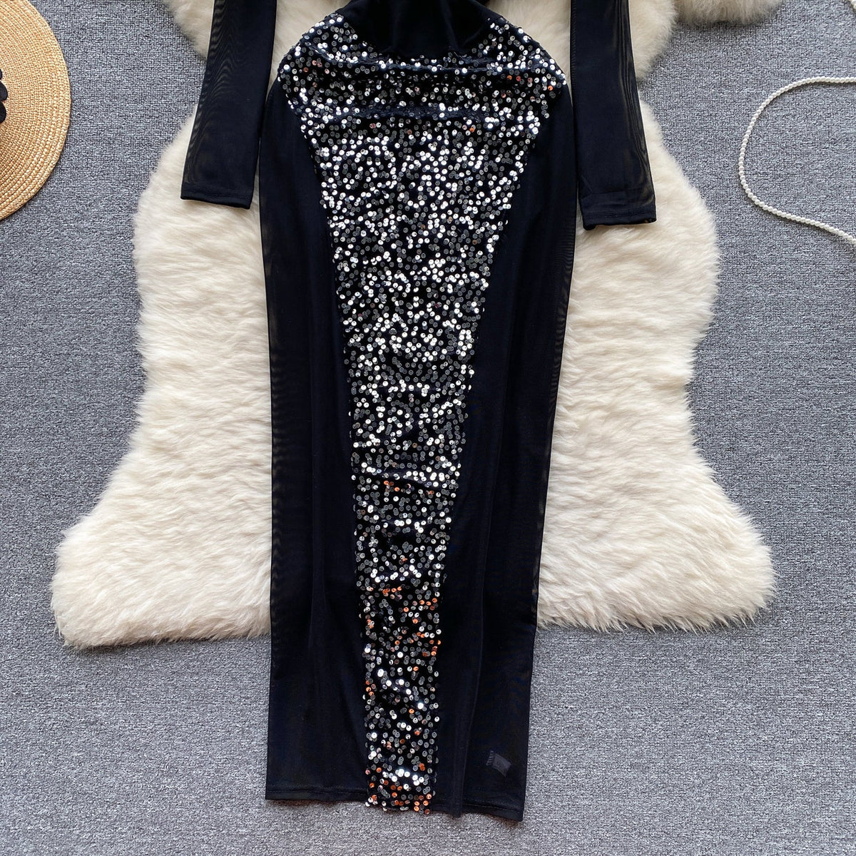 Elegant Hollowed Mesh Sequined Dress
