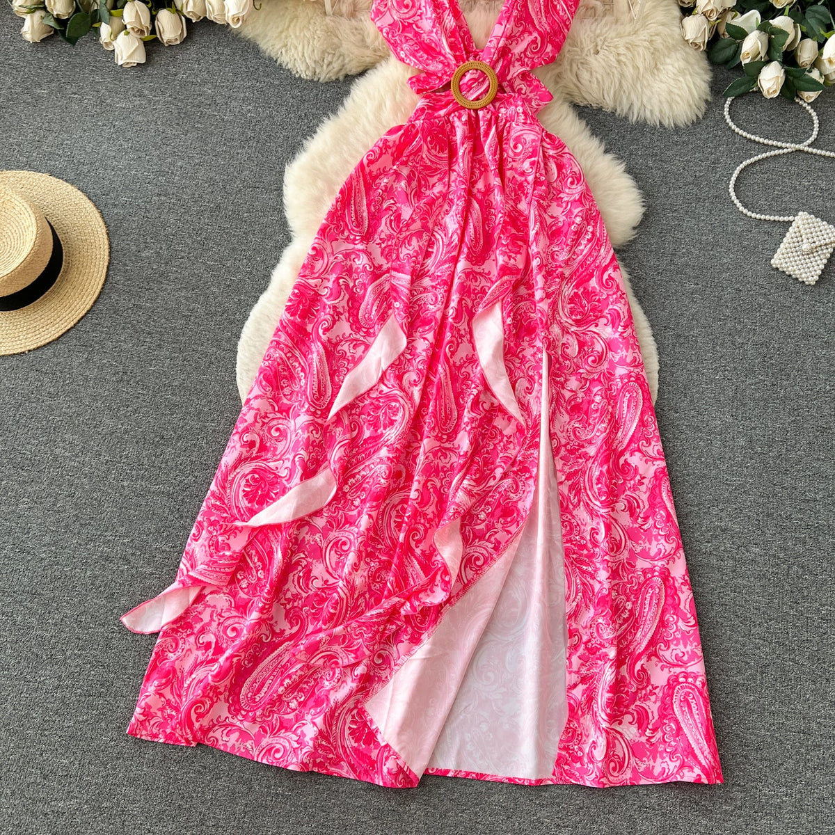 V-neck Backless Ruffled Floral Dress