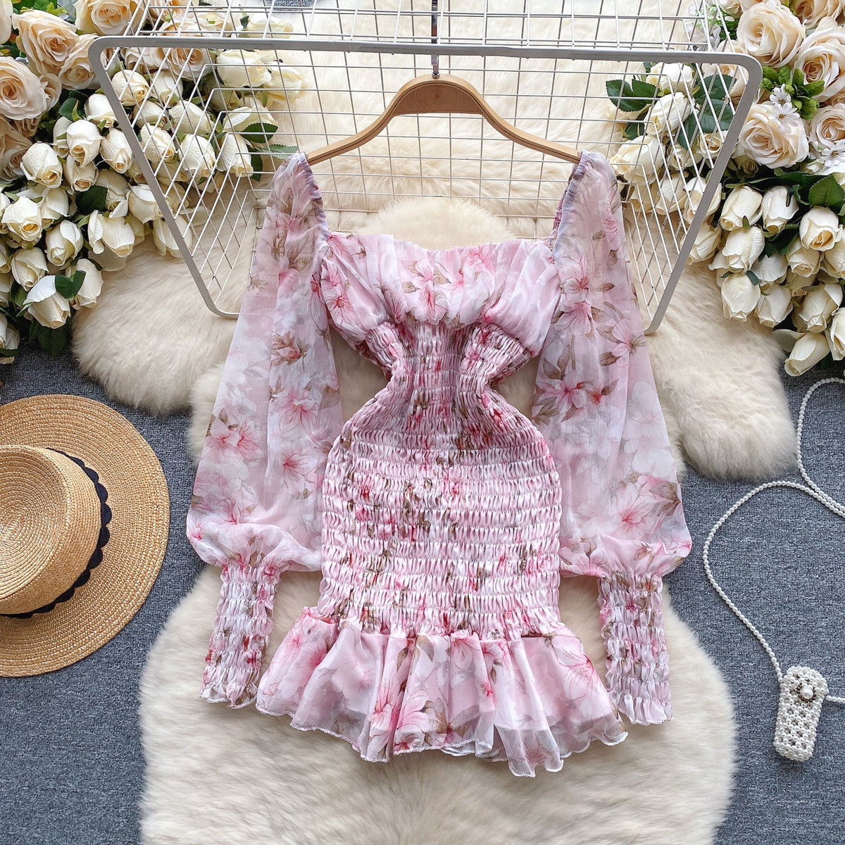 Fairy Pink Floral Pleated Dress