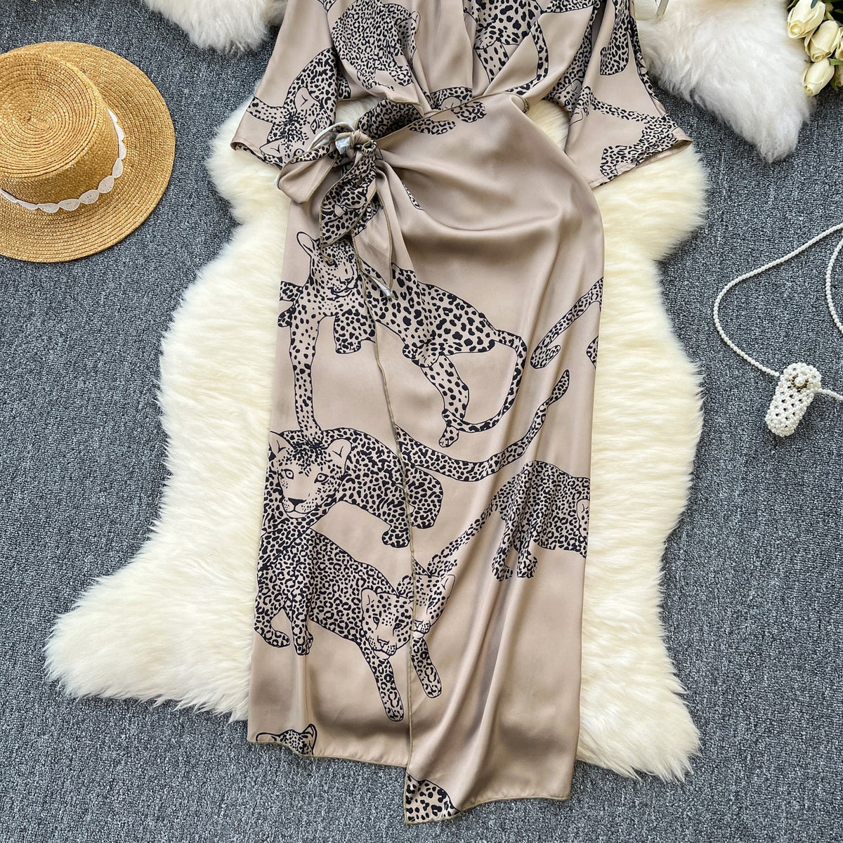 Leopard Printed Lace-up Satin Dress