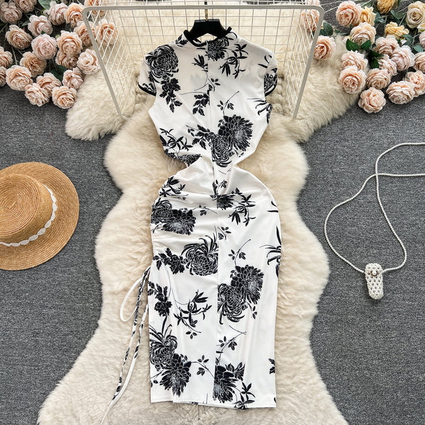 Ethnic Floral Printed Hip-wrapping Cheongsam
