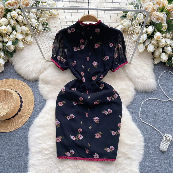 Sweetie Lace Trim Floral Cheongsam