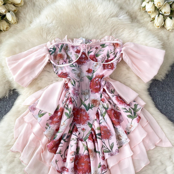 Strapless Ruffle Layered Floral Dress