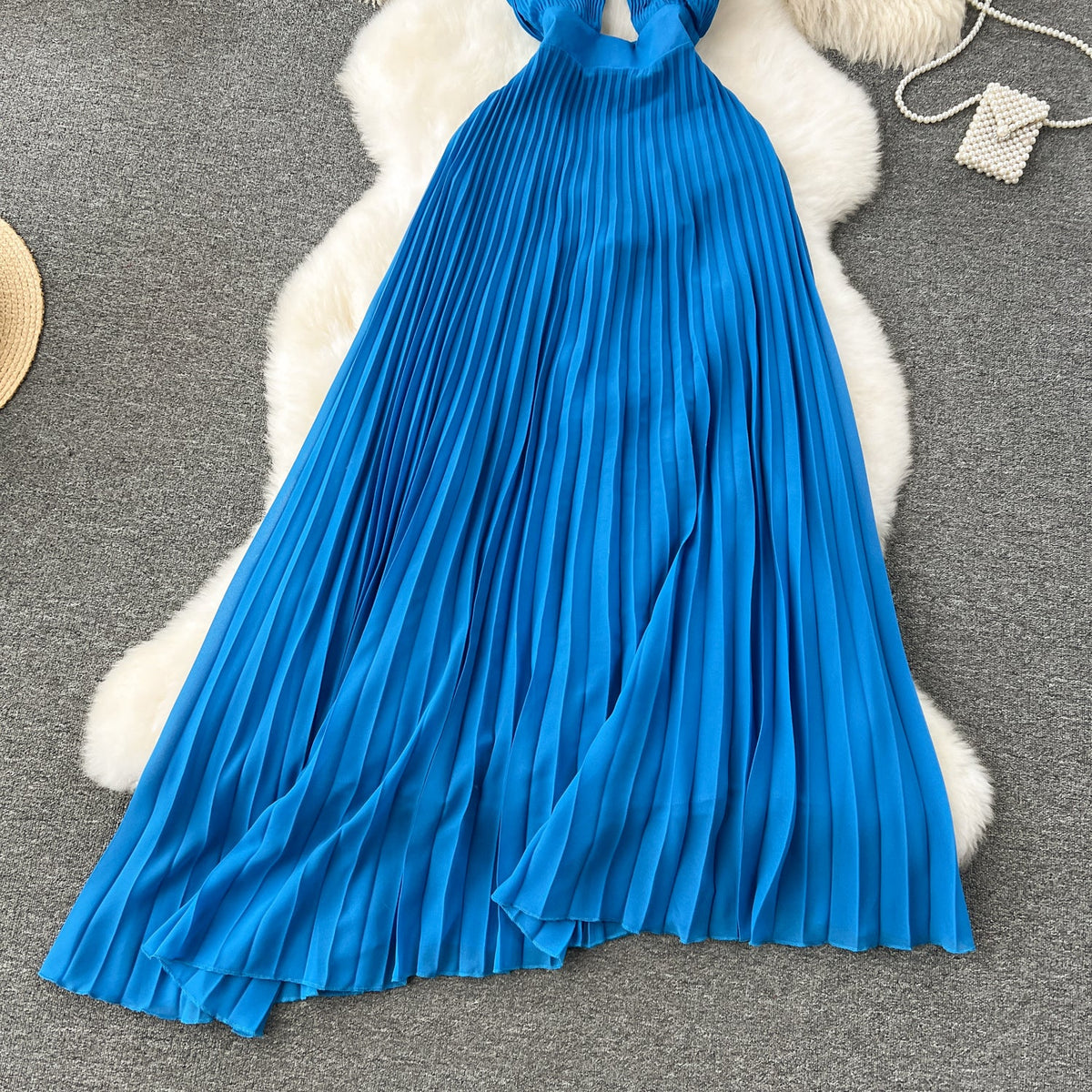 Asymmetric Pleated Blue Halter Dress