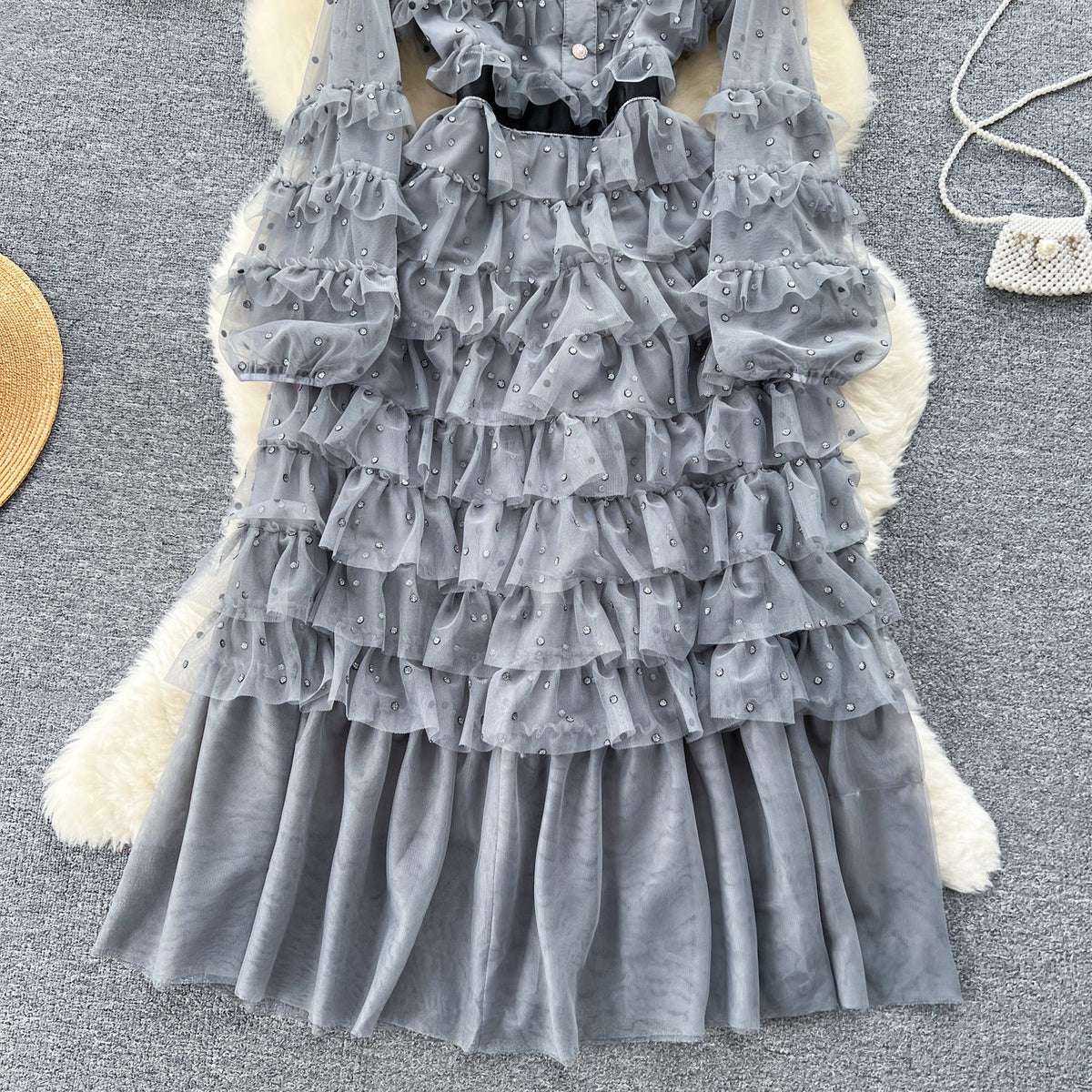 Bow-tie Beaded Layered Mesh Dress