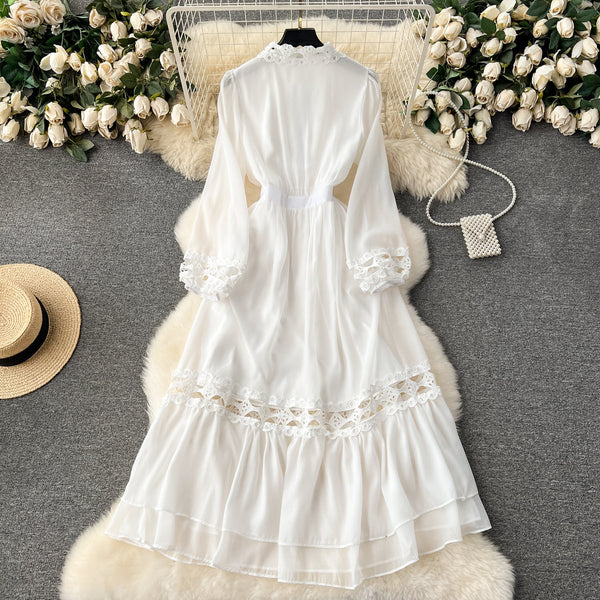 French Style Hollowed Patchwork Shirt Dress