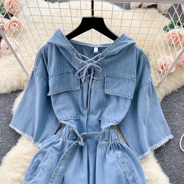 Chic Lace-up Hooded Denim Dress