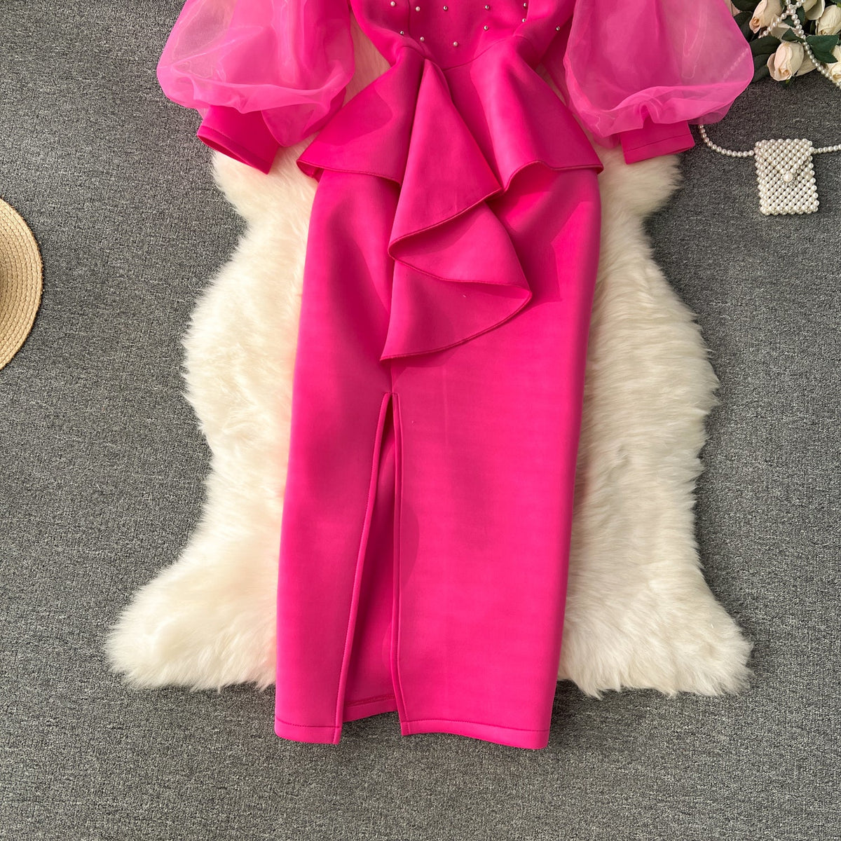 Vintage Beaded Ruffled Split Dress