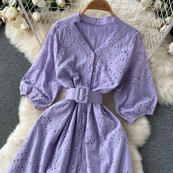 Frock With Hollow V-neck And Bubble Sleeves