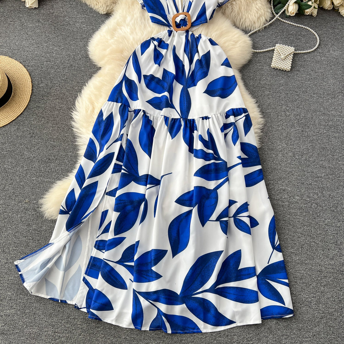 V-neck Hollowed Floral Chiffon Dress