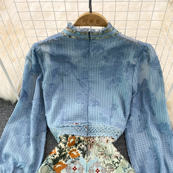 Patchwork Bubble Sleeve Faux Two-pieces Dress