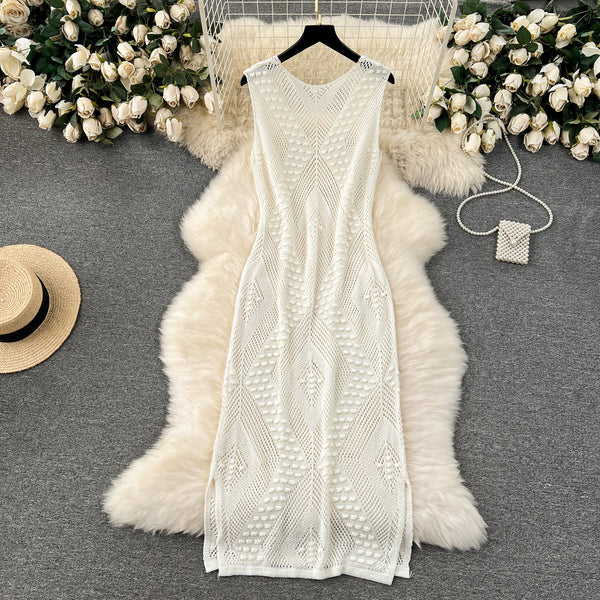 V-neck Hollowed Knitted White Dress