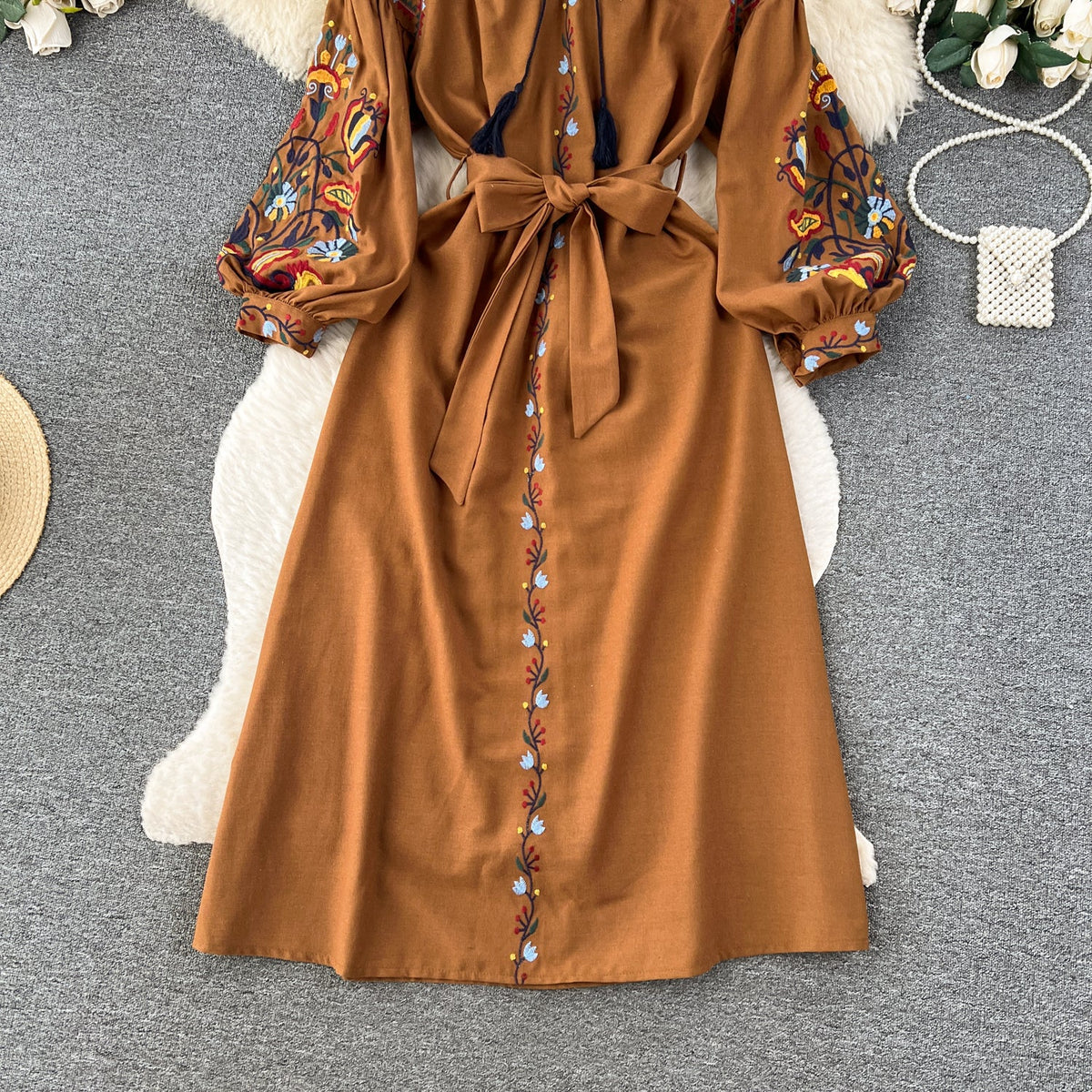 Bohemia Lace-up Embroidered Floral Dress