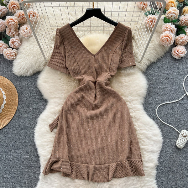 Sweetie V-neck Lace-up Ruffled Dress