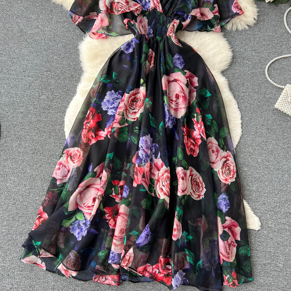 Fairy V-neck Printed Chiffon Dress