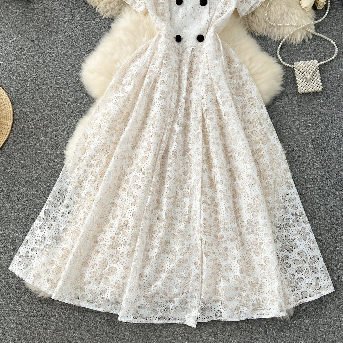 Suit Collar Double-breasted Lace Dress