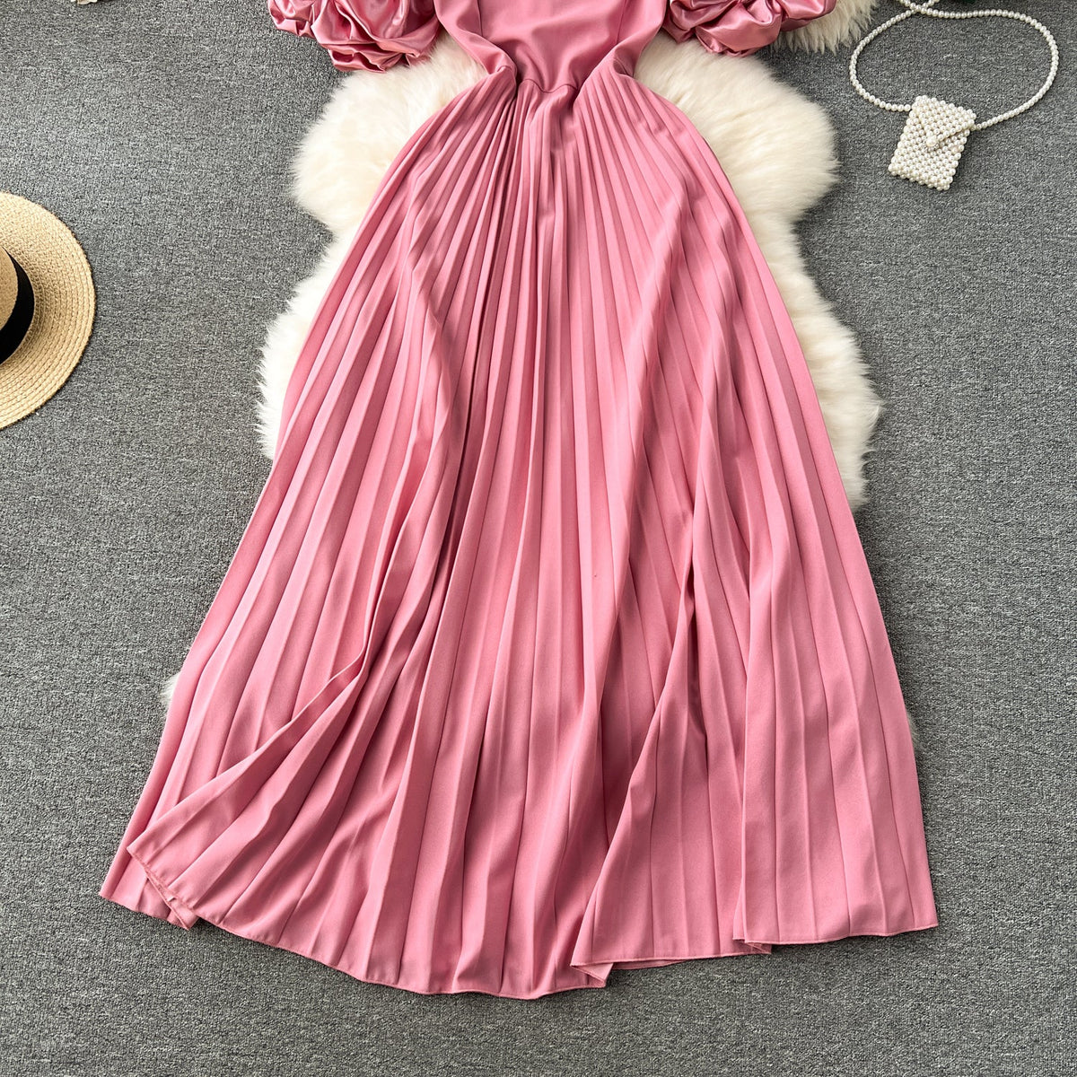 Fairy Pink Slant Neckline Pleated Dress