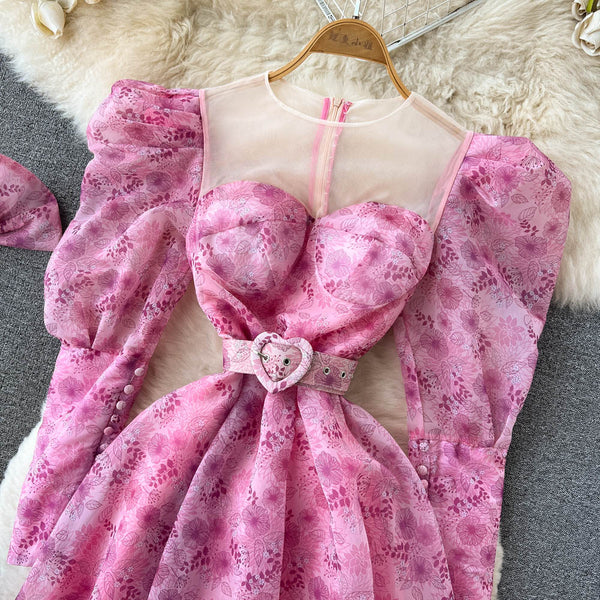 Mesh Patchwork Puff Sleeve Floral Dress