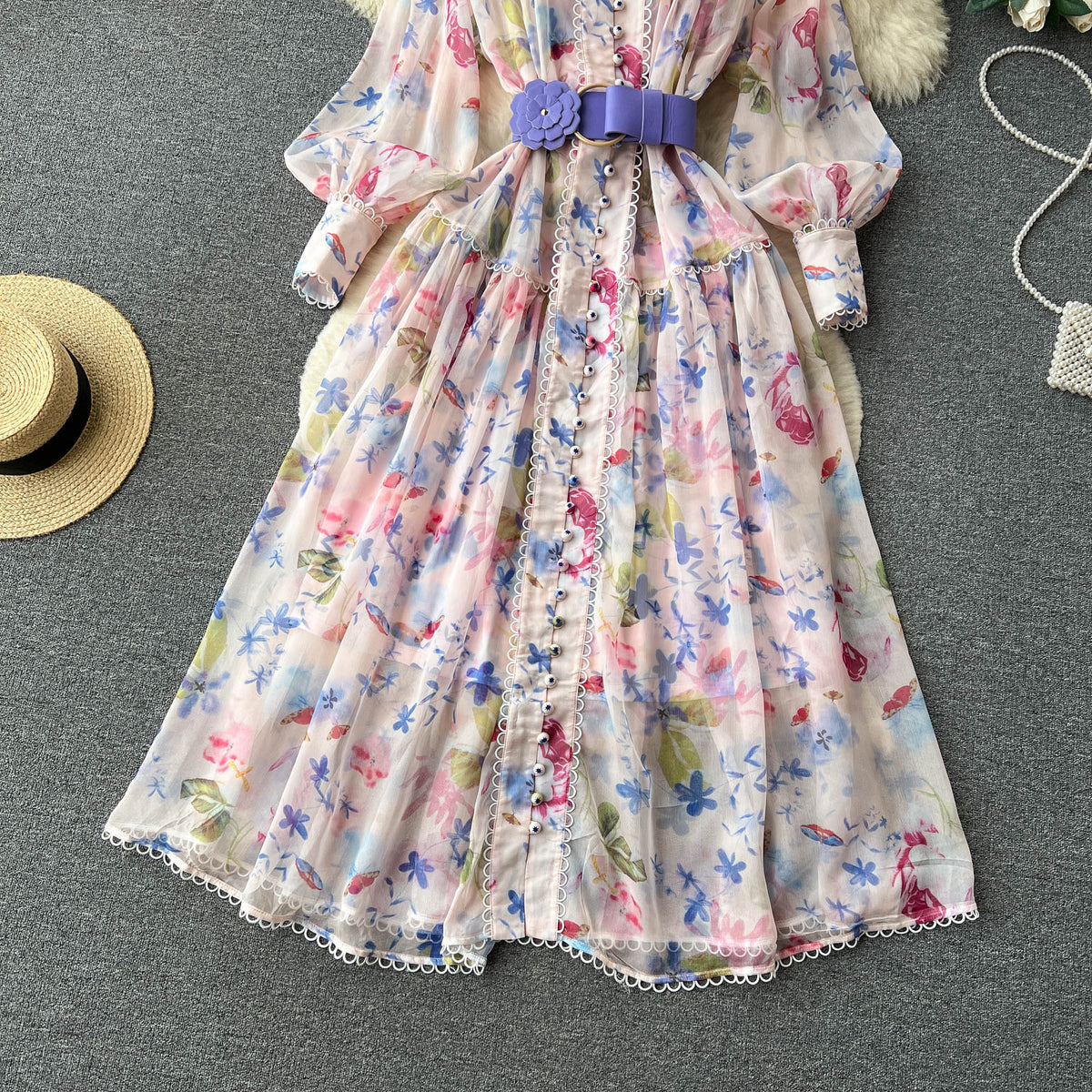 Fairy Flared Sleeve Floral Chiffon Dress