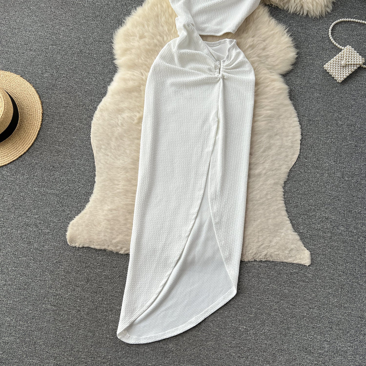 Asymmetric Slant Neckline Slit White Dress