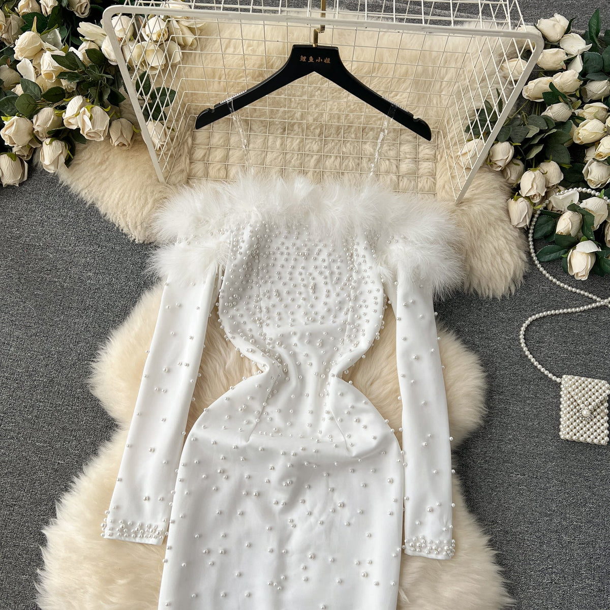 Furry Off-shoulder Beaded Party Dress