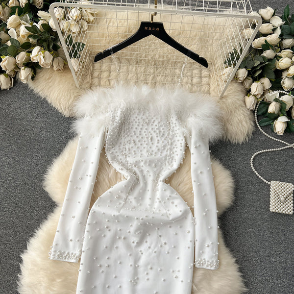Furry Off-shoulder Beaded Party Dress
