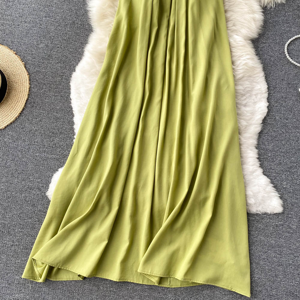 Green Round Collar Loose-fitting Halter Dress