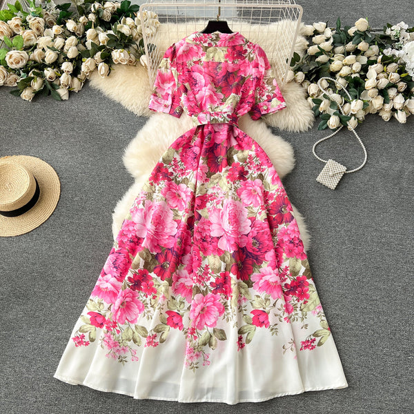Suit Collar Single-breasted Floral Dress