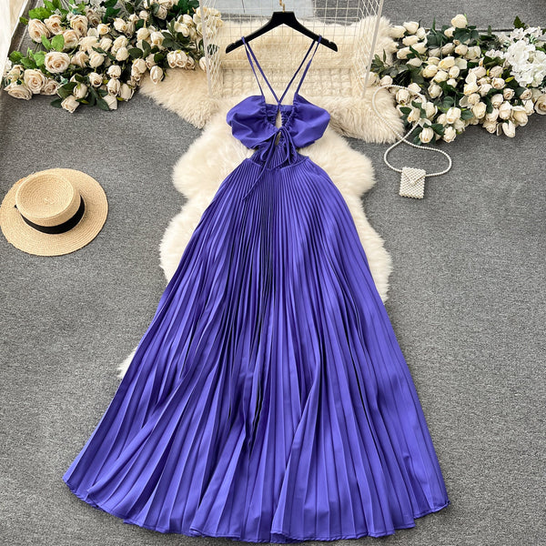 Niche Hollowed Pleated Halter Dress