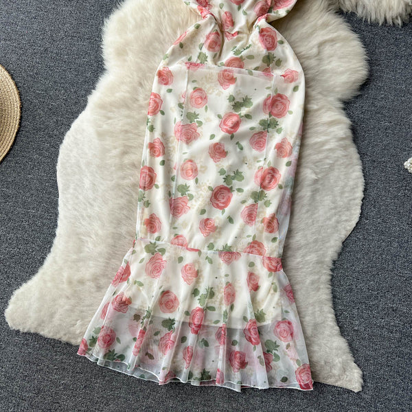 French Style Fishtail Floral Printed Dress