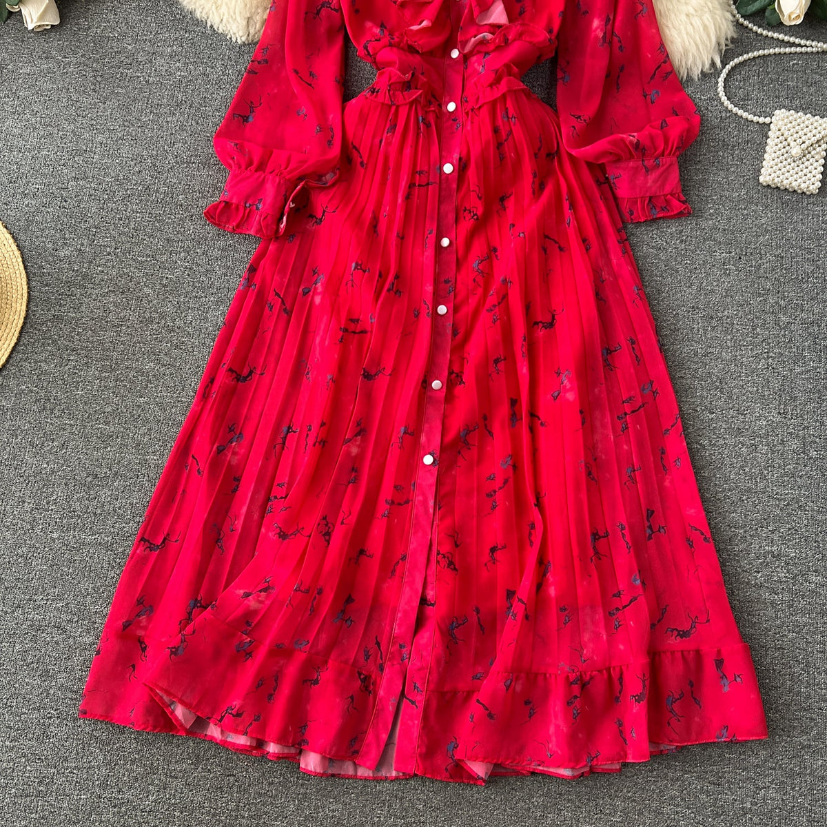 Courtly Pleated Floral Chiffon Dress