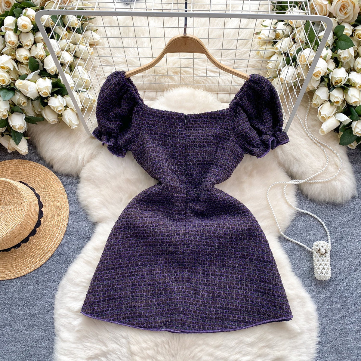 Delicate Puffy Sleeve Purple Ruffled Dress