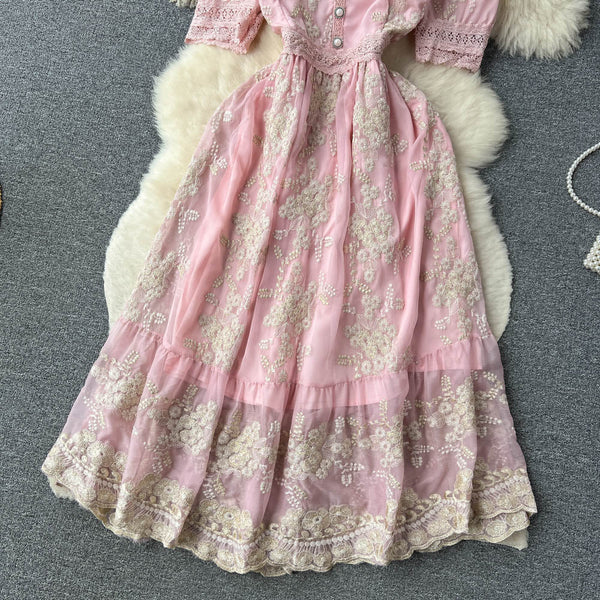 Vintage Embroidery Pink Princess Dress