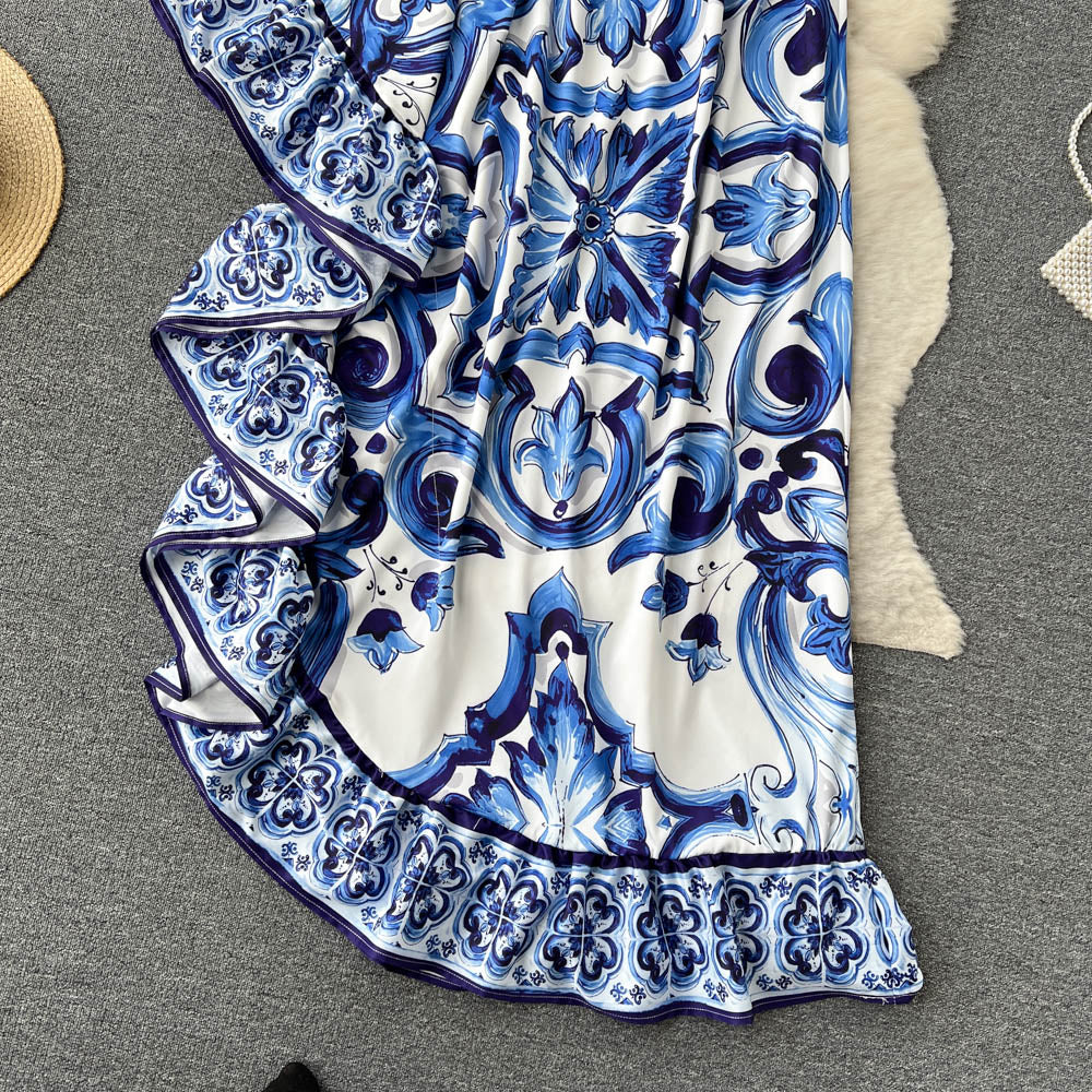 Irregular Celadon Printed One-shoulder Dress