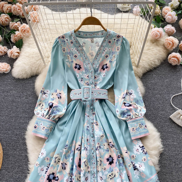 Flower Printed Long Sleeve Lace-up Dress