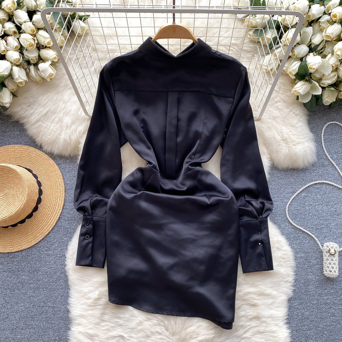 Casual Satin Pleated Shirt Dress
