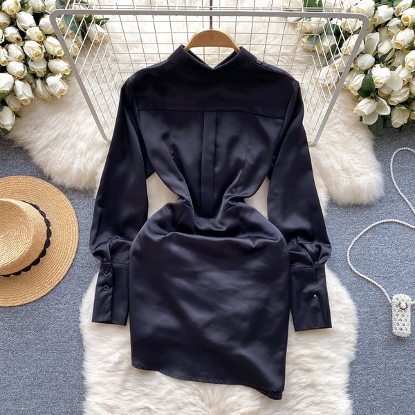Casual Satin Pleated Shirt Dress
