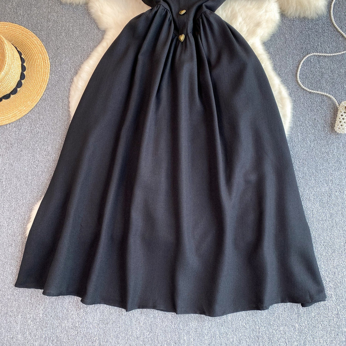 French Style Heart Buttons Black Dress