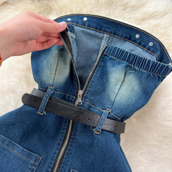 Vintage Strapless Denim Split Dress