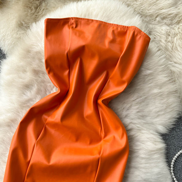 Orange PU Leather Backless Sheath Dress