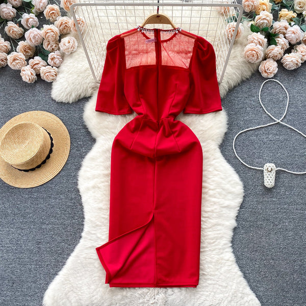 Beaded Mesh Patchwork Slim-fit Dress