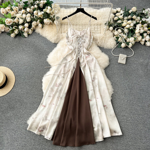Premium Patchwork Lace-up Slip Dress
