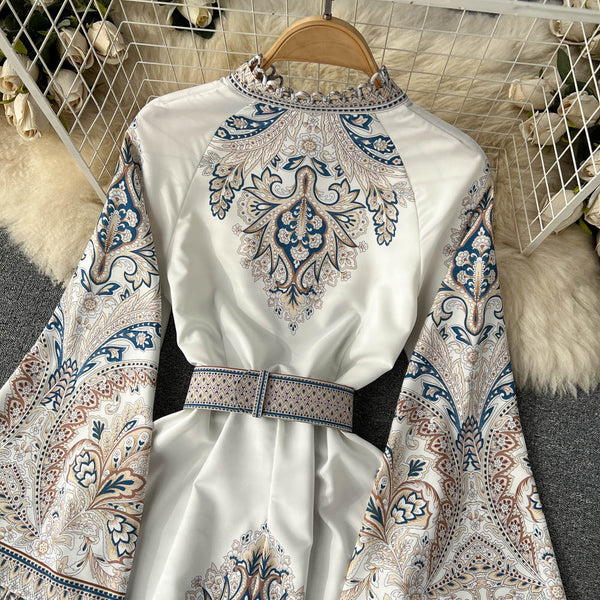 Vintage Printed Round-neck Pleated Dress